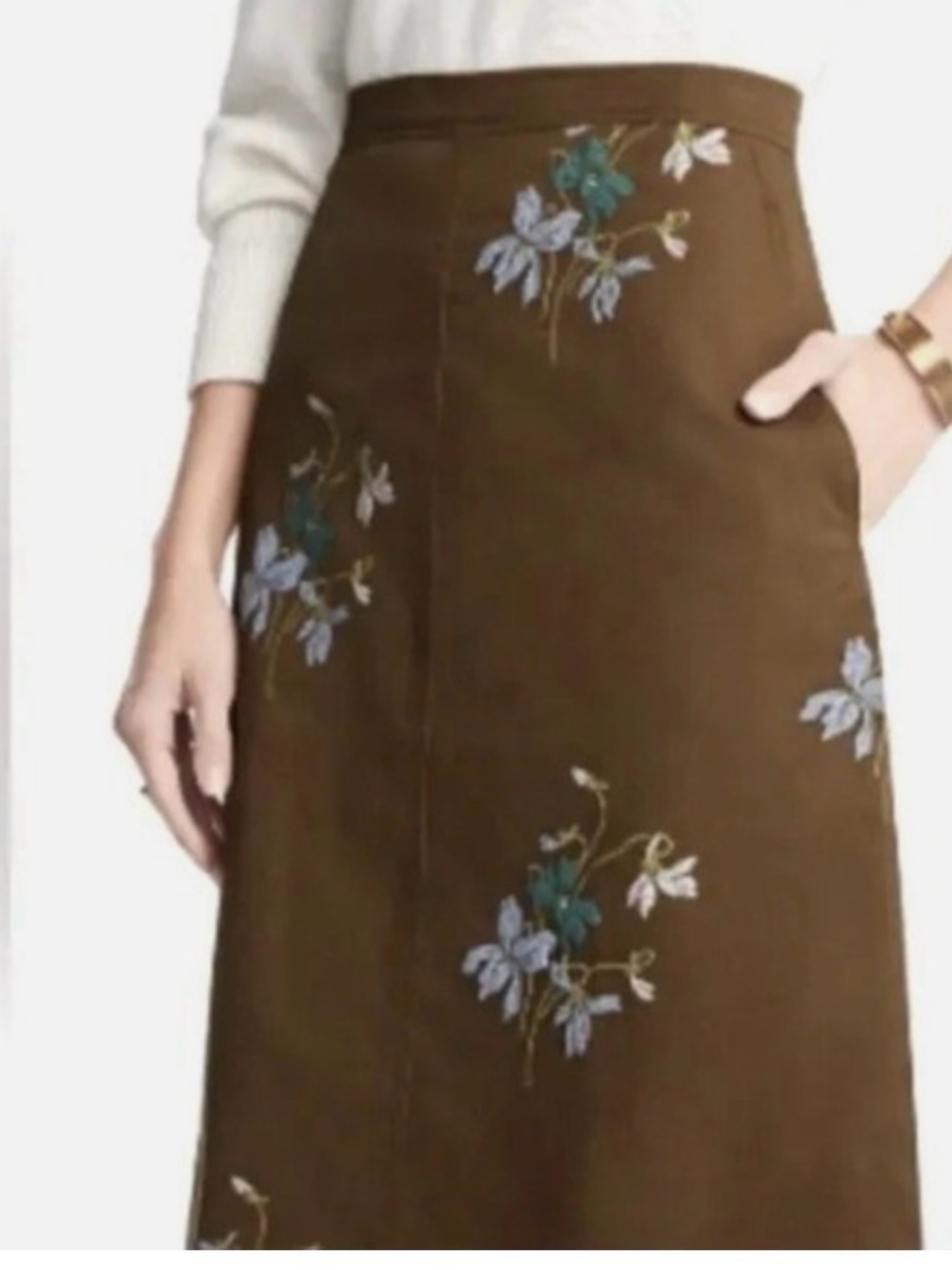 Ann Taylor olive A-Line cotton Skirt with Floral Embroidery, like New